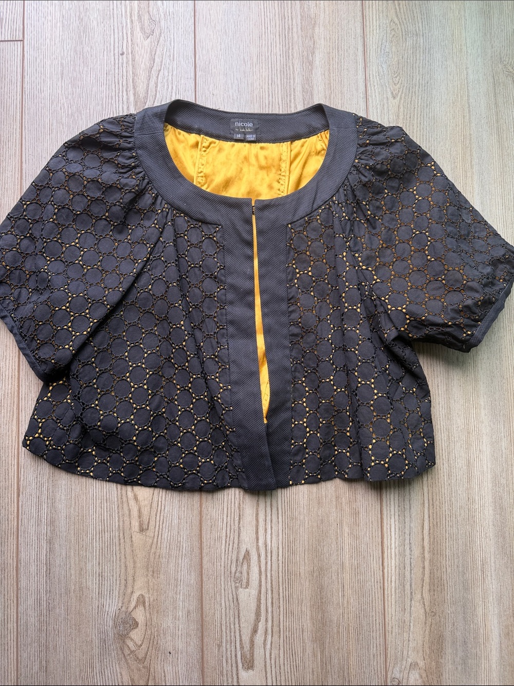 Nicole Miller Black Eyelet Cropped Top with Gold Lining